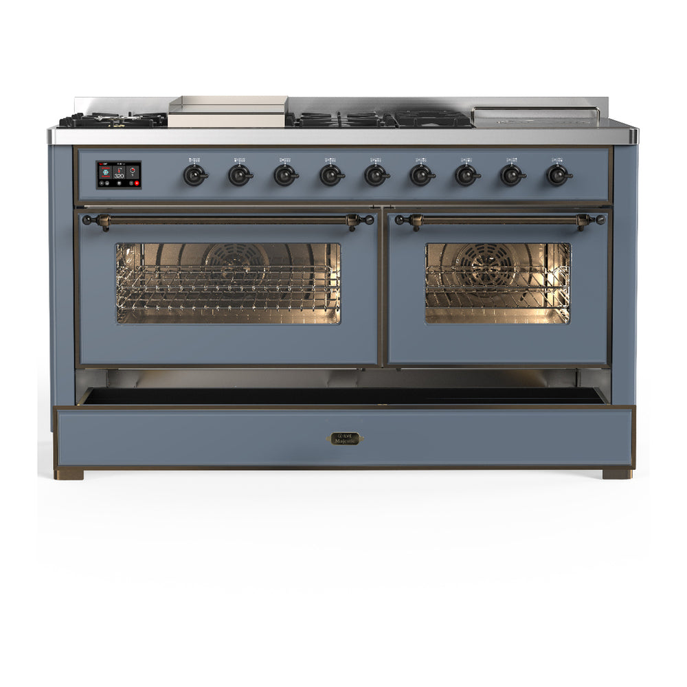 ILVE Majestic III 60" Blue Grey Dual Fuel Range with 7 Burners, Griddle and French Top Triple Glass Door Natural Gas