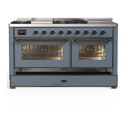 ILVE Majestic III 60" Blue Grey Dual Fuel Range with 7 Burners, Griddle and French Top Triple Glass Door Natural Gas