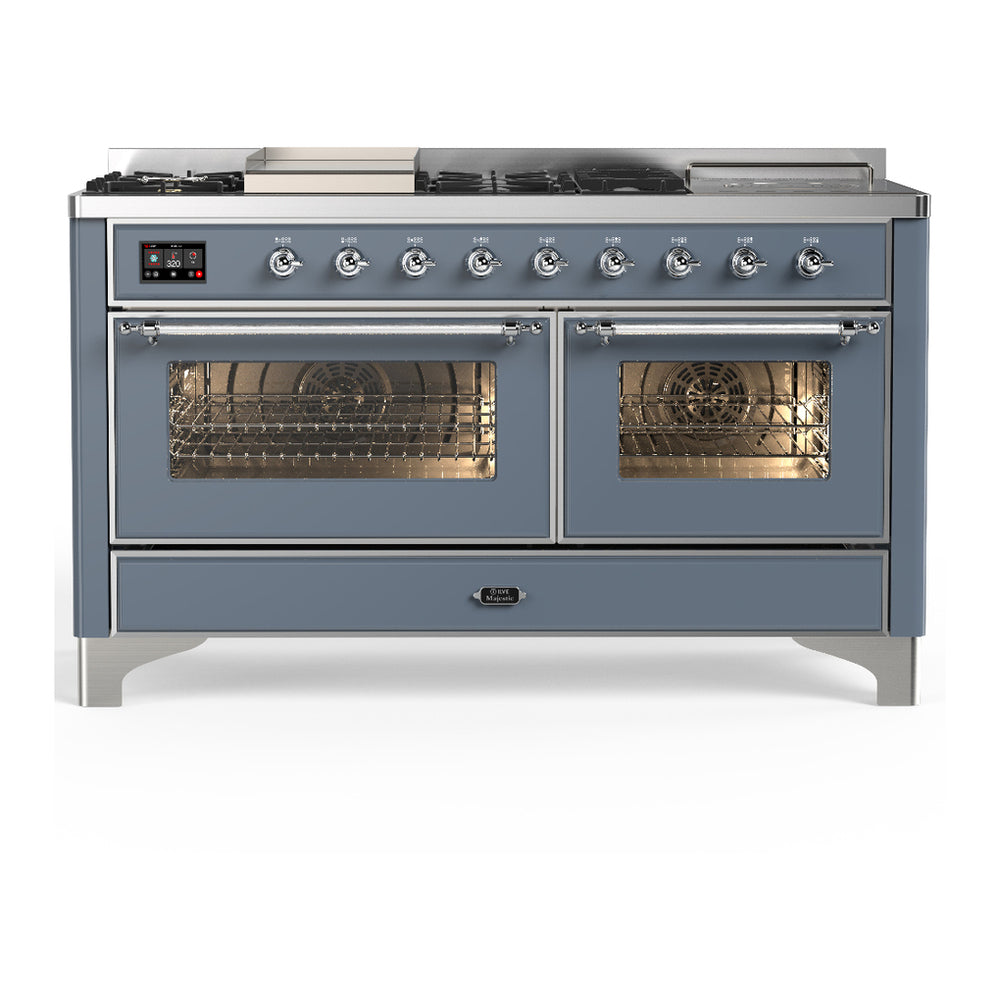 ILVE Majestic III 60" Blue Grey Dual Fuel Range with 7 Burners, Griddle and French Top Triple Glass Door Natural Gas