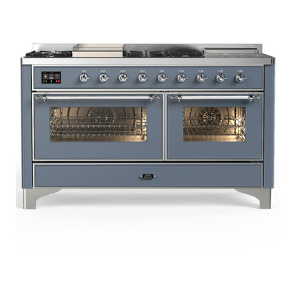 ILVE Majestic III 60" Blue Grey Dual Fuel Range with 7 Burners, Griddle and French Top Triple Glass Door Natural Gas
