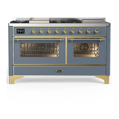 ILVE Majestic III 60" Blue Grey Dual Fuel Range with 7 Burners, Griddle and French Top Triple Glass Door Liquid Propane