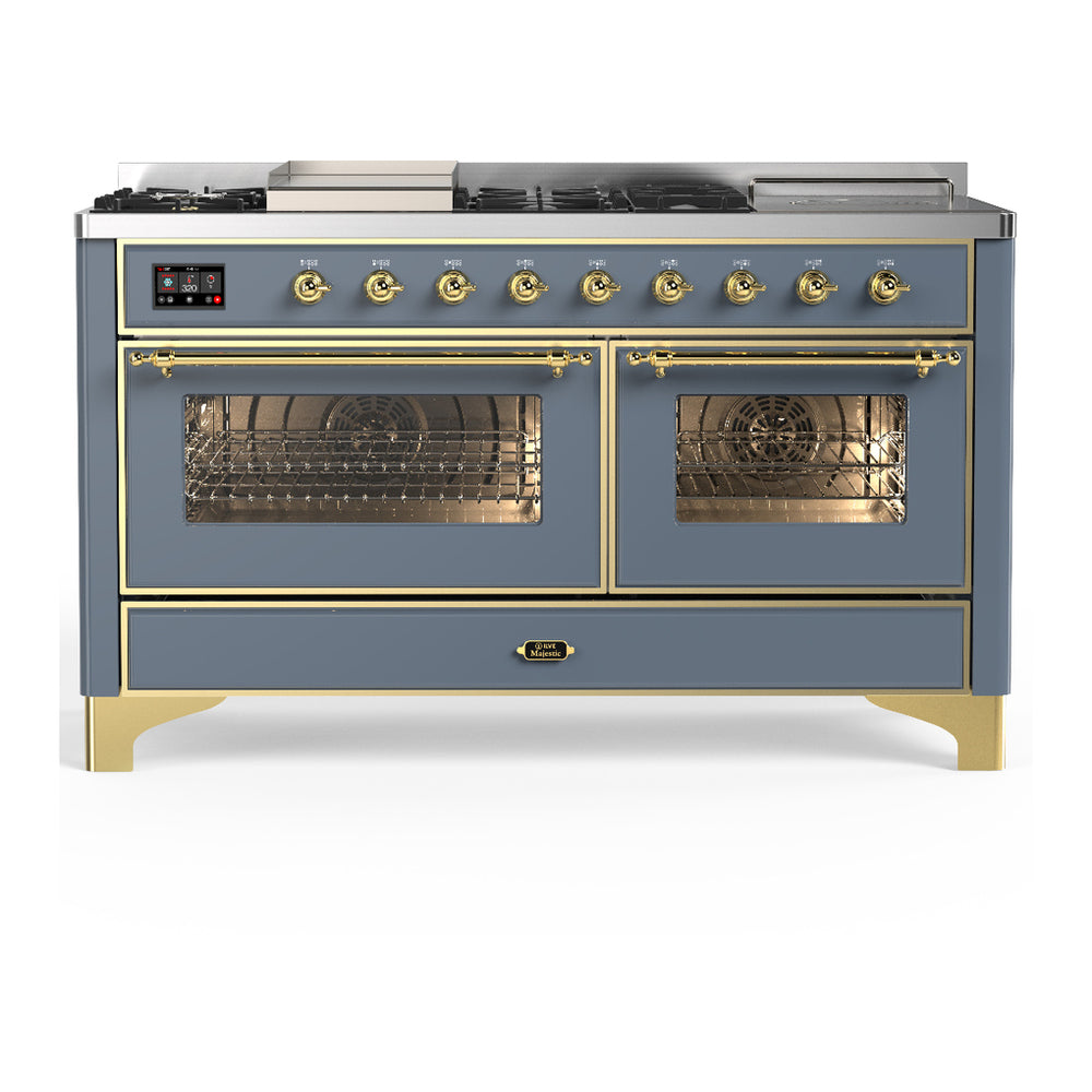 ILVE Majestic III 60" Blue Grey Dual Fuel Range with 7 Burners, Griddle and French Top Triple Glass Door Natural Gas
