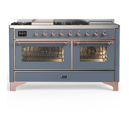 ILVE Majestic III 60" Blue Grey Dual Fuel Range with 7 Burners, Griddle and French Top Triple Glass Door Liquid Propane