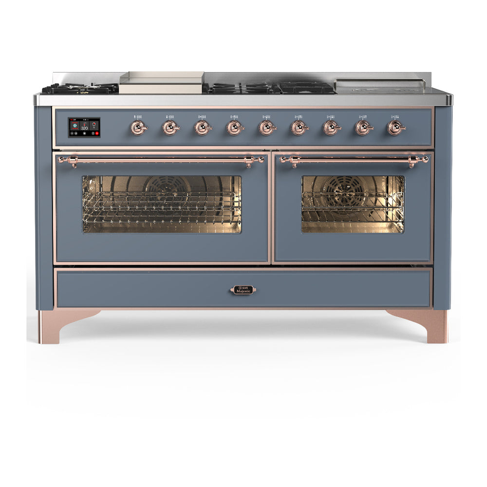 ILVE Majestic III 60" Blue Grey Dual Fuel Range with 7 Burners, Griddle and French Top Triple Glass Door Natural Gas