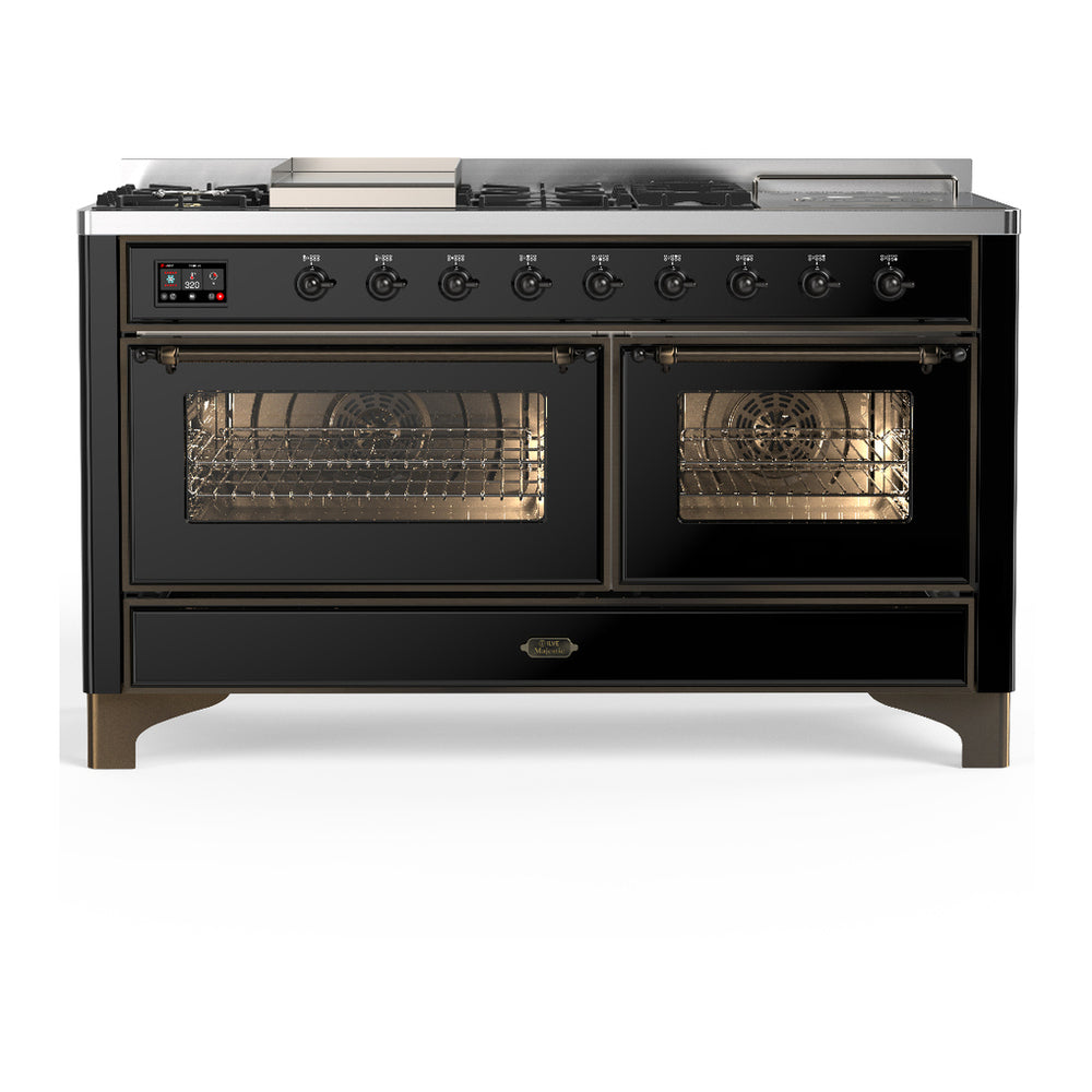 ILVE Majestic III 60" Glossy Black Dual Fuel Range with 7 Burners, Griddle and French Top Triple Glass Door Liquid Propane