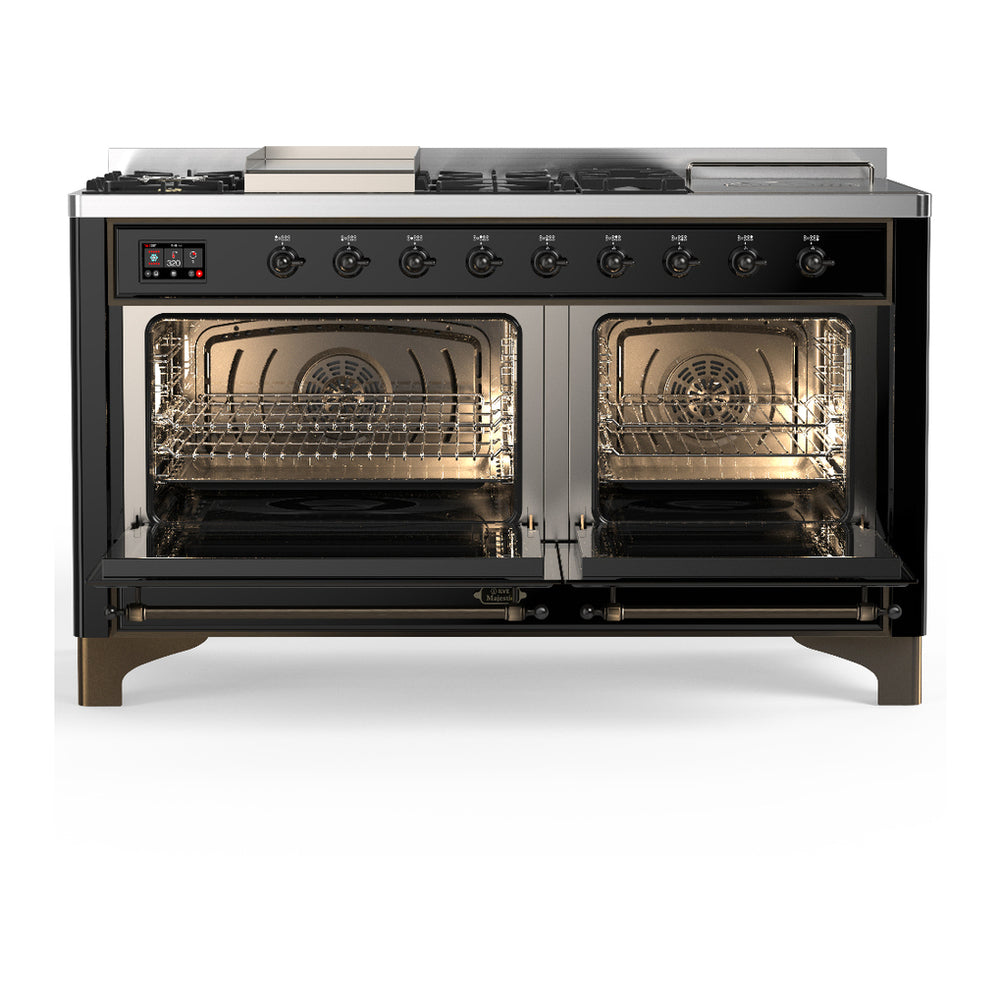 ILVE Majestic III 60" Glossy Black Dual Fuel Range with 7 Burners, Griddle and French Top Triple Glass Door Liquid Propane