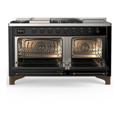 ILVE Majestic III 60" Glossy Black Dual Fuel Range with 7 Burners, Griddle and French Top Triple Glass Door Liquid Propane