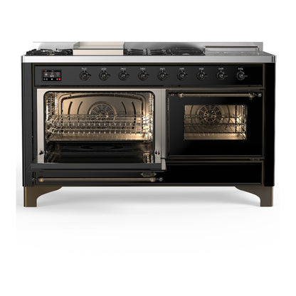 ILVE Majestic III 60" Glossy Black Dual Fuel Range with 7 Burners, Griddle and French Top Triple Glass Door Liquid Propane