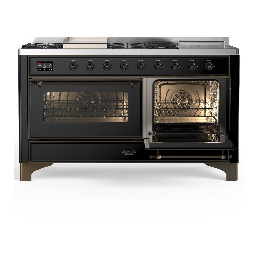ILVE Majestic III 60" Glossy Black Dual Fuel Range with 7 Burners, Griddle and French Top Triple Glass Door Liquid Propane