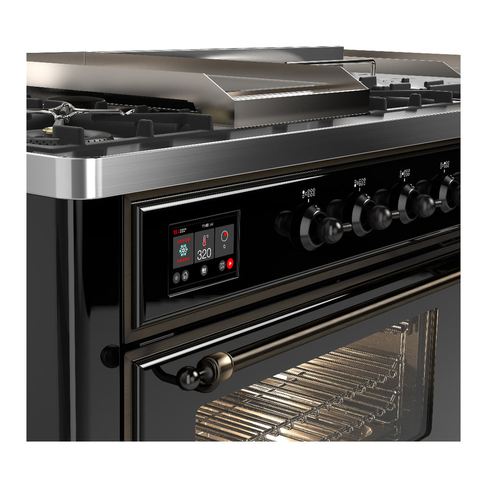 ILVE Majestic III 60" Glossy Black Dual Fuel Range with 7 Burners, Griddle and French Top Triple Glass Door Liquid Propane