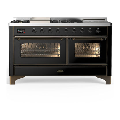 ILVE Majestic III 60" Glossy Black Dual Fuel Range with 7 Burners, Griddle and French Top Triple Glass Door Natural Gas