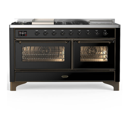 ILVE Majestic III 60" Glossy Black Dual Fuel Range with 7 Burners, Griddle and French Top Triple Glass Door Natural Gas