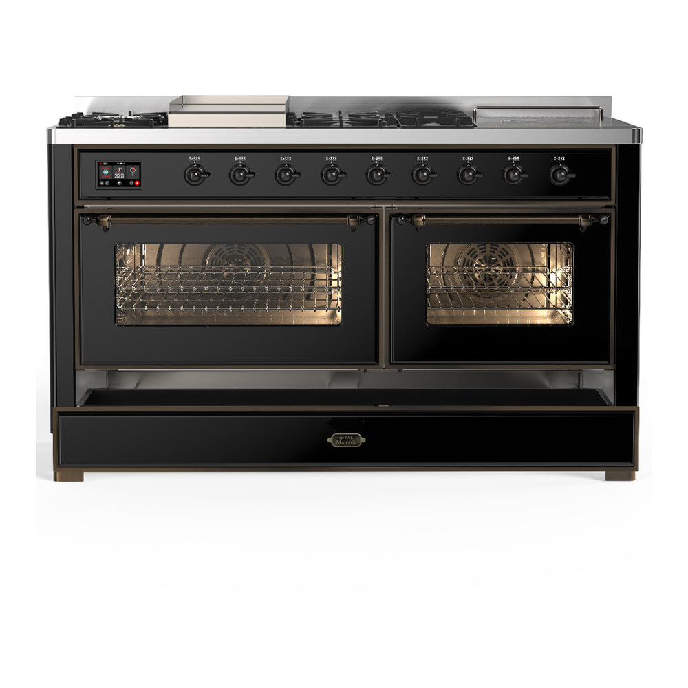 ILVE Majestic III 60" Glossy Black Dual Fuel Range with 7 Burners, Griddle and French Top Triple Glass Door Natural Gas