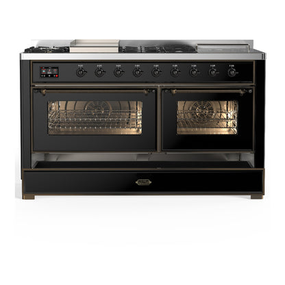 ILVE Majestic III 60" Glossy Black Dual Fuel Range with 7 Burners, Griddle and French Top Triple Glass Door Natural Gas