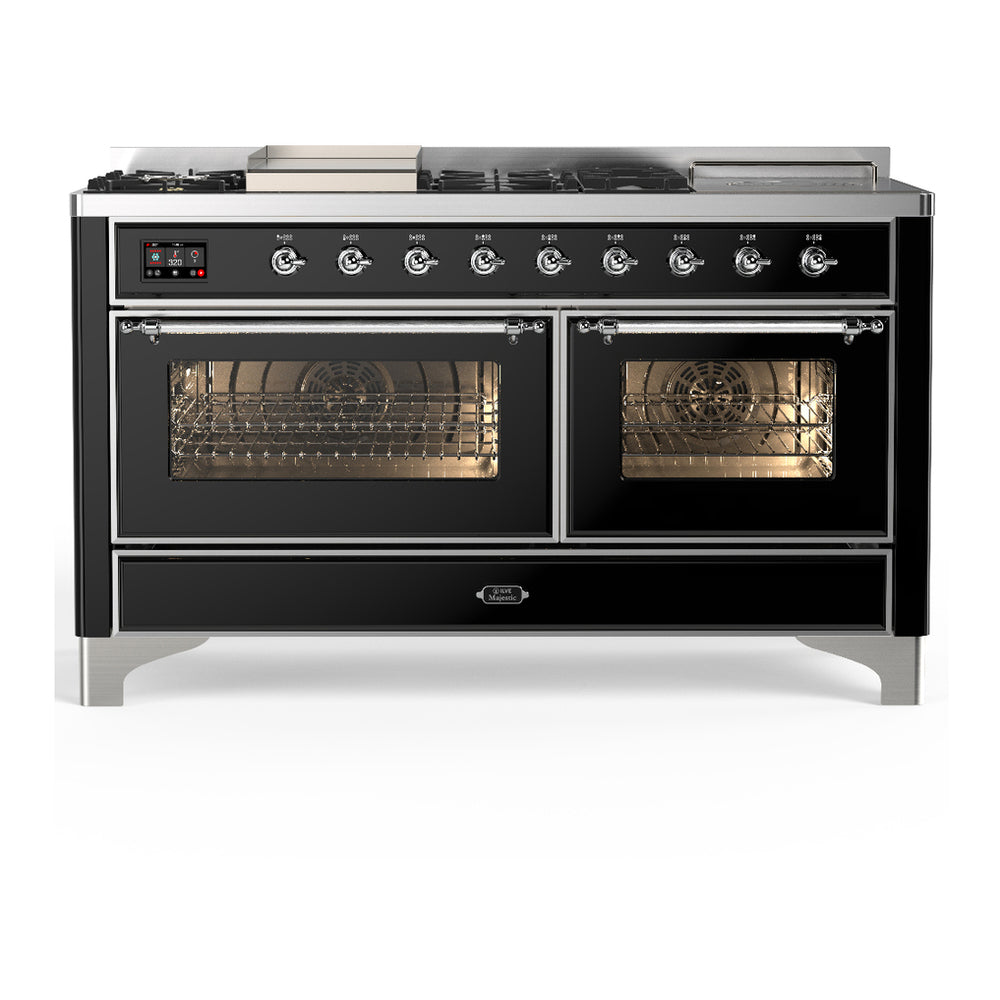 ILVE Majestic III 60" Glossy Black Dual Fuel Range with 7 Burners, Griddle and French Top Triple Glass Door Liquid Propane