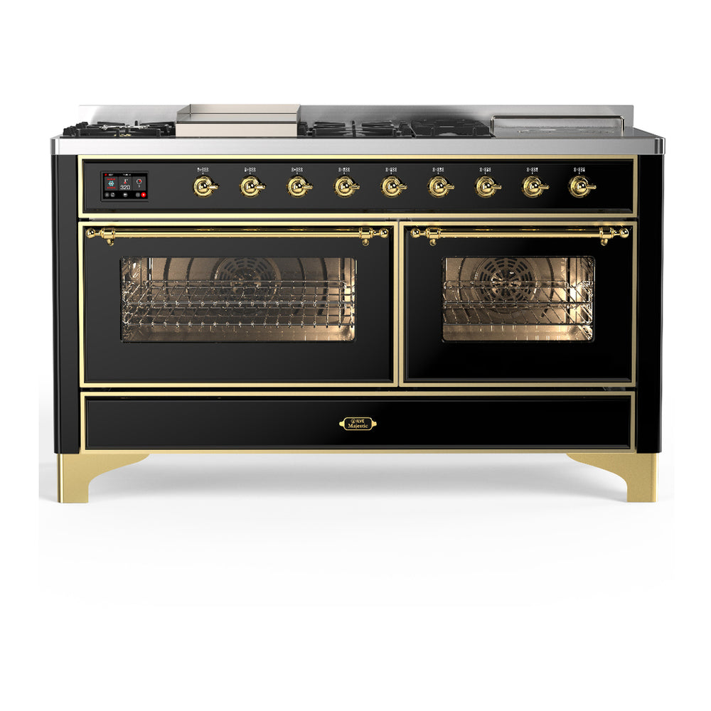 ILVE Majestic III 60" Glossy Black Dual Fuel Range with 7 Burners, Griddle and French Top Triple Glass Door Liquid Propane