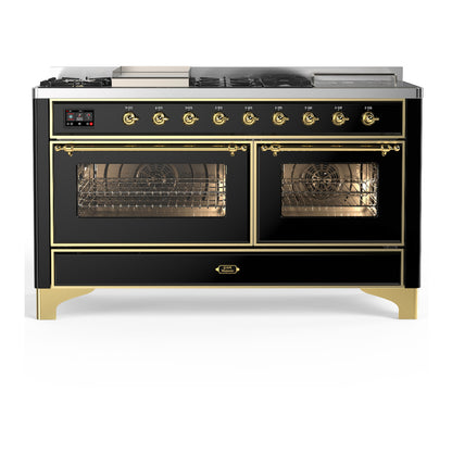 ILVE Majestic III 60" Glossy Black Dual Fuel Range with 7 Burners, Griddle and French Top Triple Glass Door Liquid Propane