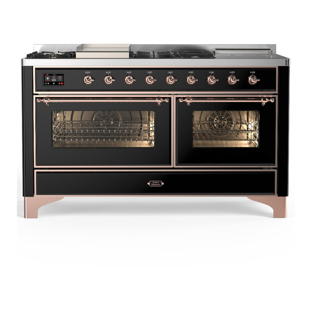 ILVE Majestic III 60" Glossy Black Dual Fuel Range with 7 Burners, Griddle and French Top Triple Glass Door Liquid Propane