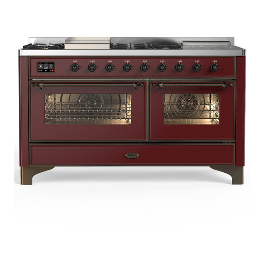 ILVE Majestic III 60" Burgundy Dual Fuel Range with 7 Burners, Griddle and French Top Triple Glass Door Liquid Propane