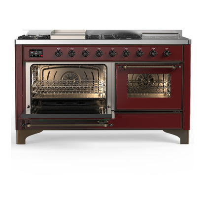 ILVE Majestic III 60" Burgundy Dual Fuel Range with 7 Burners, Griddle and French Top Triple Glass Door Liquid Propane