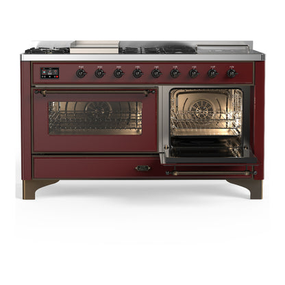 ILVE Majestic III 60" Burgundy Dual Fuel Range with 7 Burners, Griddle and French Top Triple Glass Door Liquid Propane