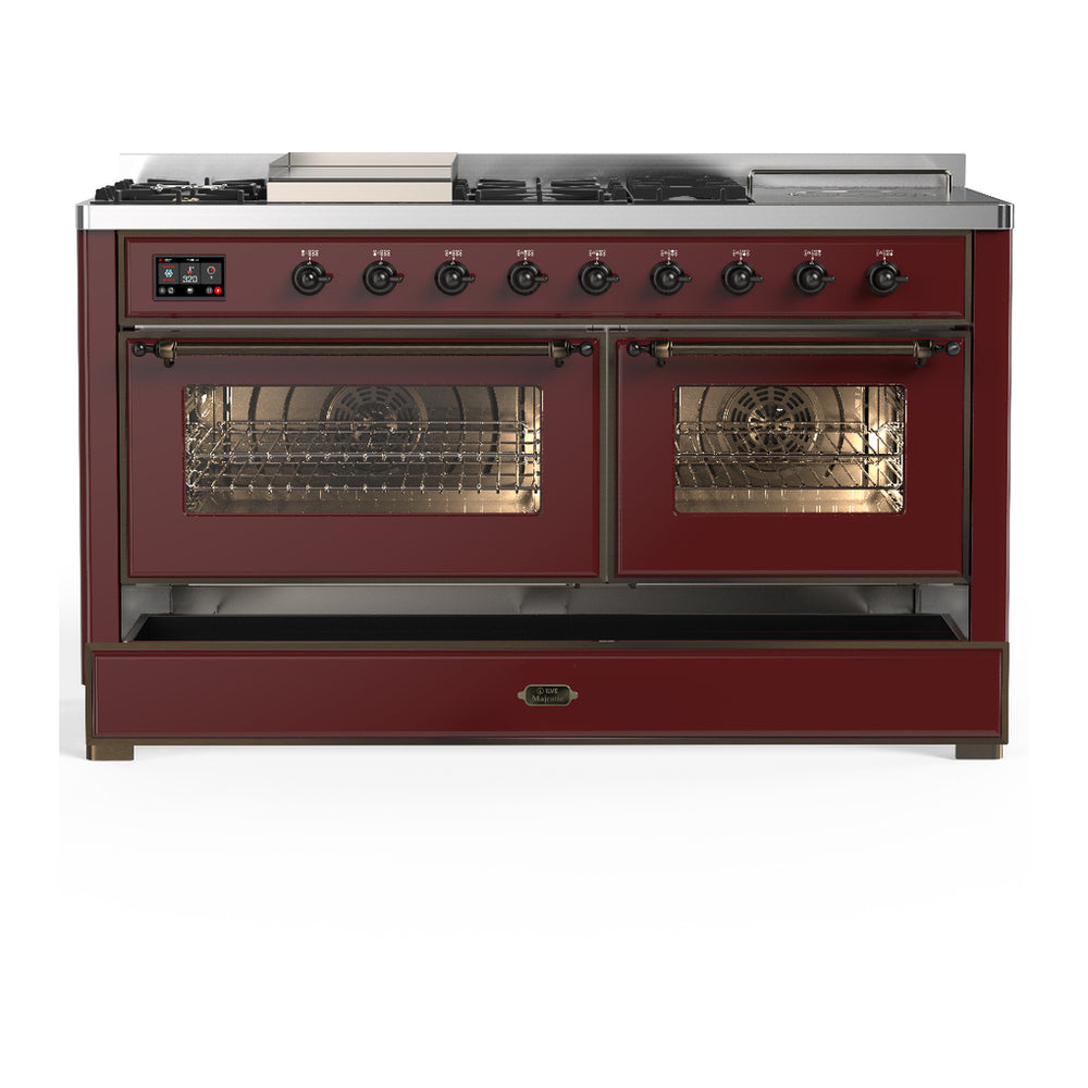 ILVE Majestic III 60" Burgundy Dual Fuel Range with 7 Burners, Griddle and French Top Triple Glass Door Liquid Propane