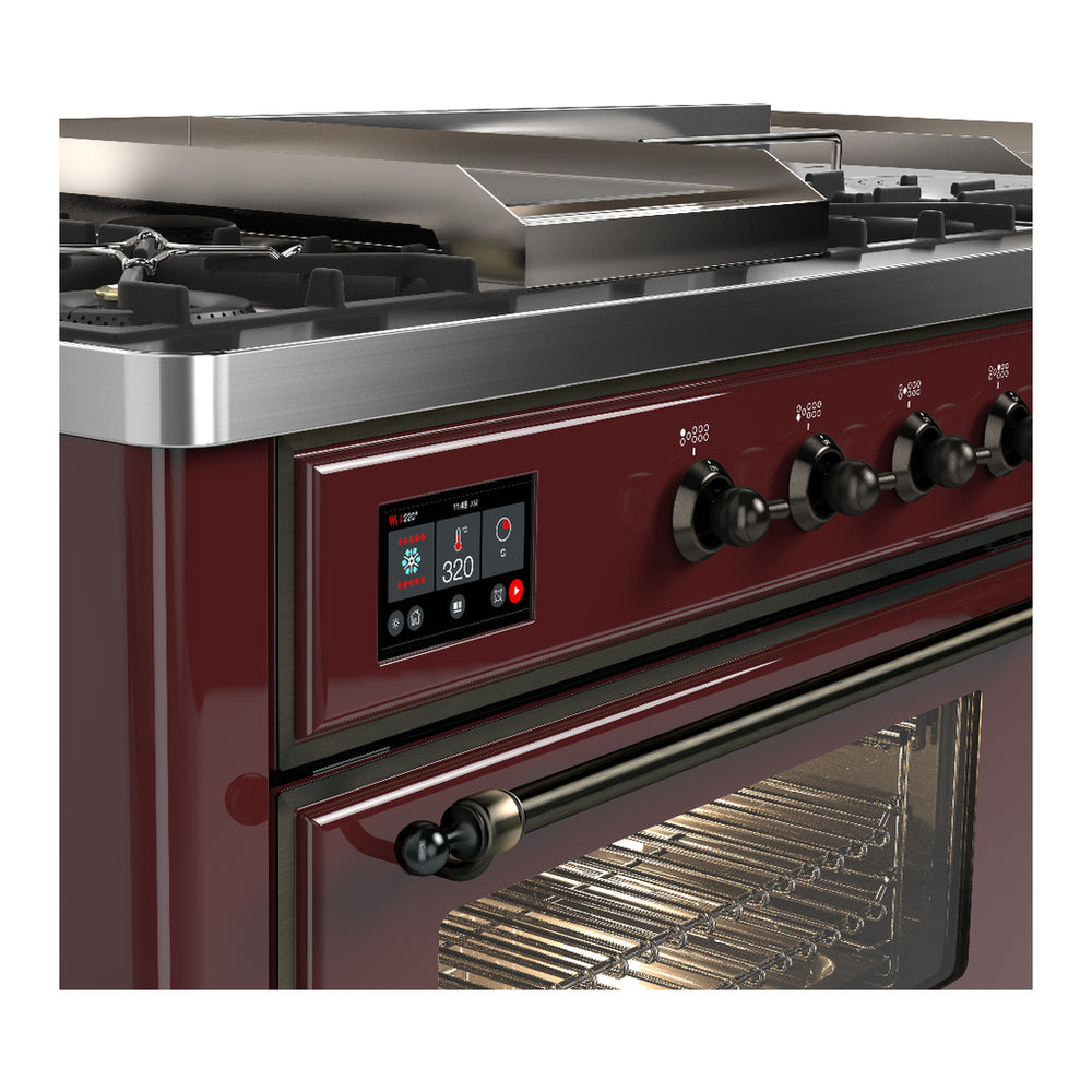 ILVE Majestic III 60" Burgundy Dual Fuel Range with 7 Burners, Griddle and French Top Triple Glass Door Liquid Propane