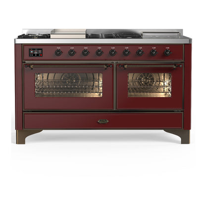 ILVE Majestic III 60" Burgundy Dual Fuel Range with 7 Burners, Griddle and French Top Triple Glass Door Natural Gas