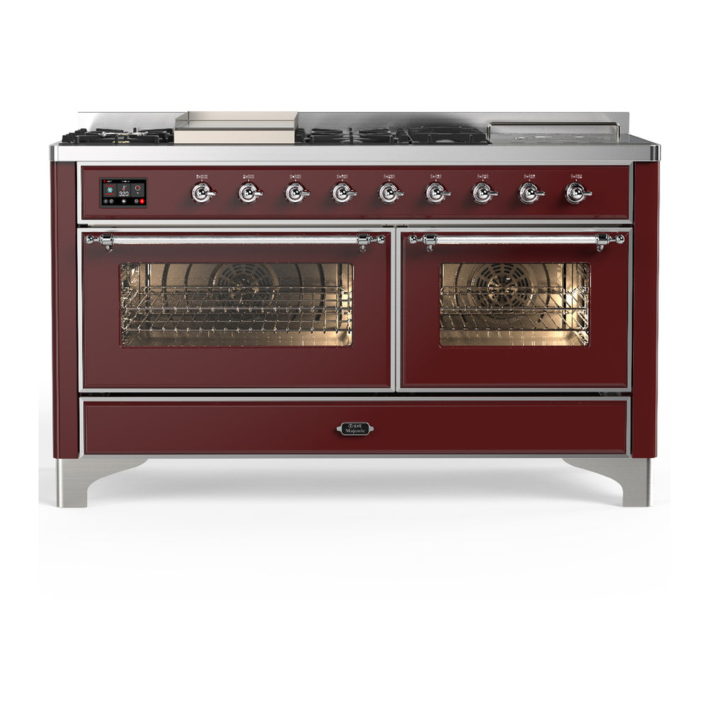 ILVE Majestic III 60" Burgundy Dual Fuel Range with 7 Burners, Griddle and French Top Triple Glass Door Liquid Propane