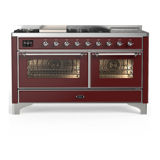 ILVE Majestic III 60" Burgundy Dual Fuel Range with 7 Burners, Griddle and French Top Triple Glass Door Liquid Propane