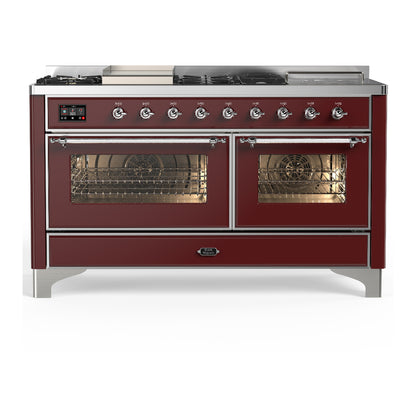 ILVE Majestic III 60" Burgundy Dual Fuel Range with 7 Burners, Griddle and French Top Triple Glass Door Natural Gas