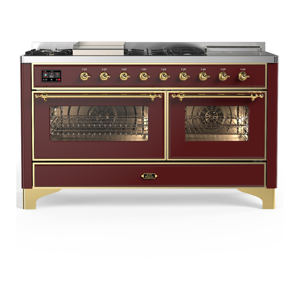 ILVE Majestic III 60" Burgundy Dual Fuel Range with 7 Burners, Griddle and French Top Triple Glass Door Liquid Propane