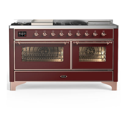ILVE Majestic III 60" Burgundy Dual Fuel Range with 7 Burners, Griddle and French Top Triple Glass Door Liquid Propane