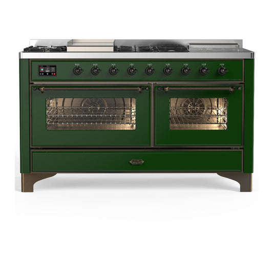 ILVE Majestic III 60" Emerald Green Dual Fuel Range with 7 Burners, Griddle and French Top Triple Glass Door Liquid Propane