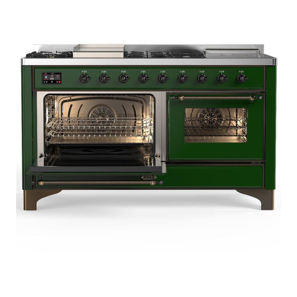 ILVE Majestic III 60" Emerald Green Dual Fuel Range with 7 Burners, Griddle and French Top Triple Glass Door Liquid Propane