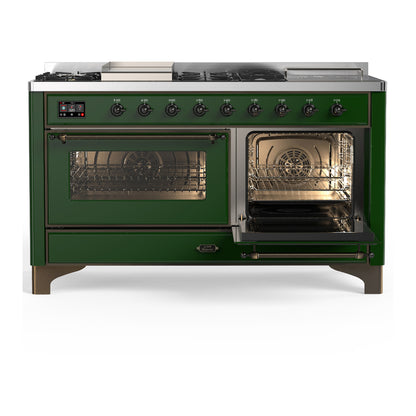 ILVE Majestic III 60" Emerald Green Dual Fuel Range with 7 Burners, Griddle and French Top Triple Glass Door Liquid Propane