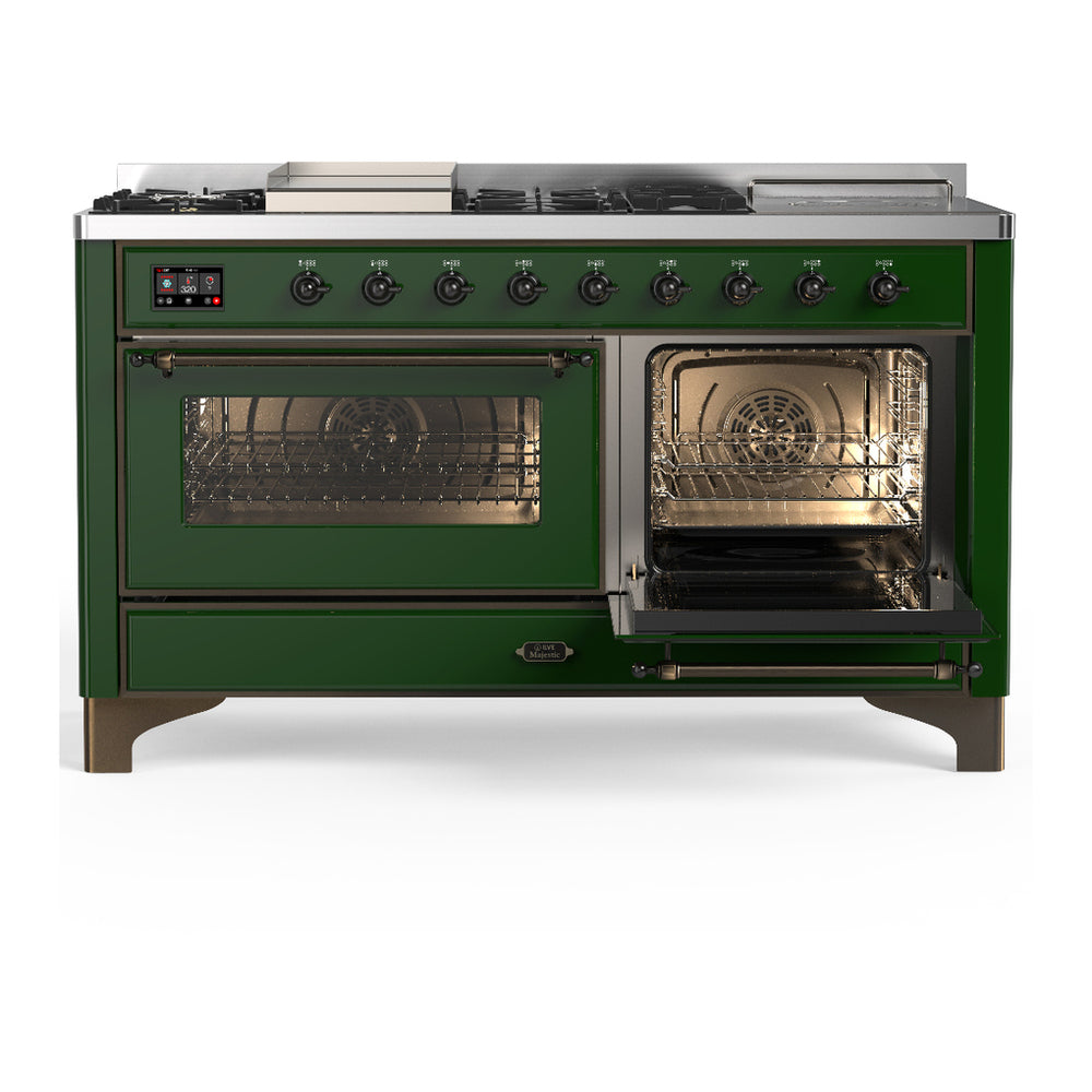 ILVE Majestic III 60" Emerald Green Dual Fuel Range with 7 Burners, Griddle and French Top Triple Glass Door Natural Gas