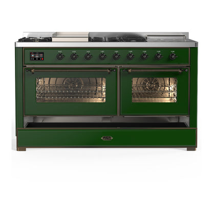 ILVE Majestic III 60" Emerald Green Dual Fuel Range with 7 Burners, Griddle and French Top Triple Glass Door Natural Gas