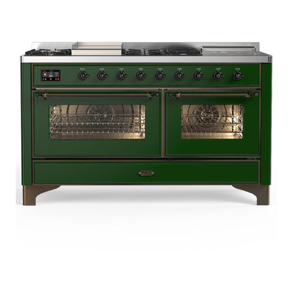 ILVE Majestic III 60" Emerald Green Dual Fuel Range with 7 Burners, Griddle and French Top Triple Glass Door Natural Gas