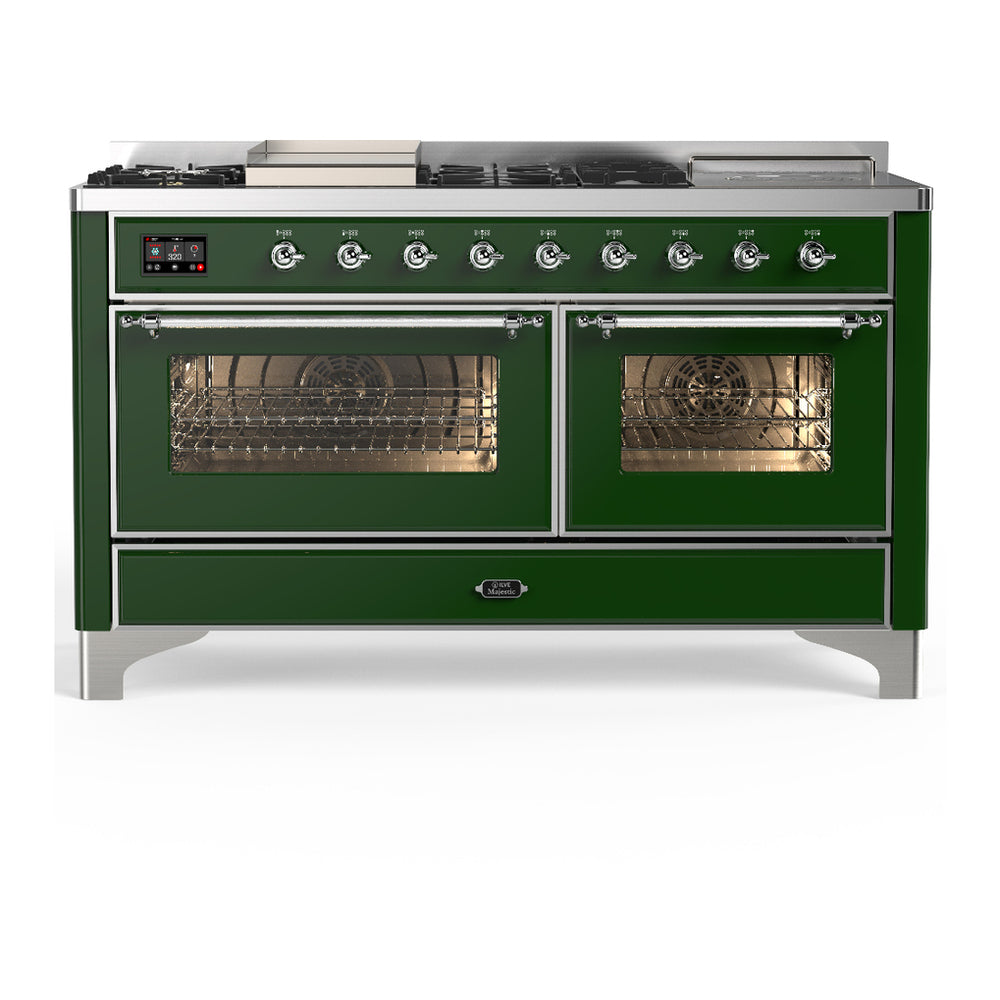 ILVE Majestic III 60" Emerald Green Dual Fuel Range with 7 Burners, Griddle and French Top Triple Glass Door Liquid Propane