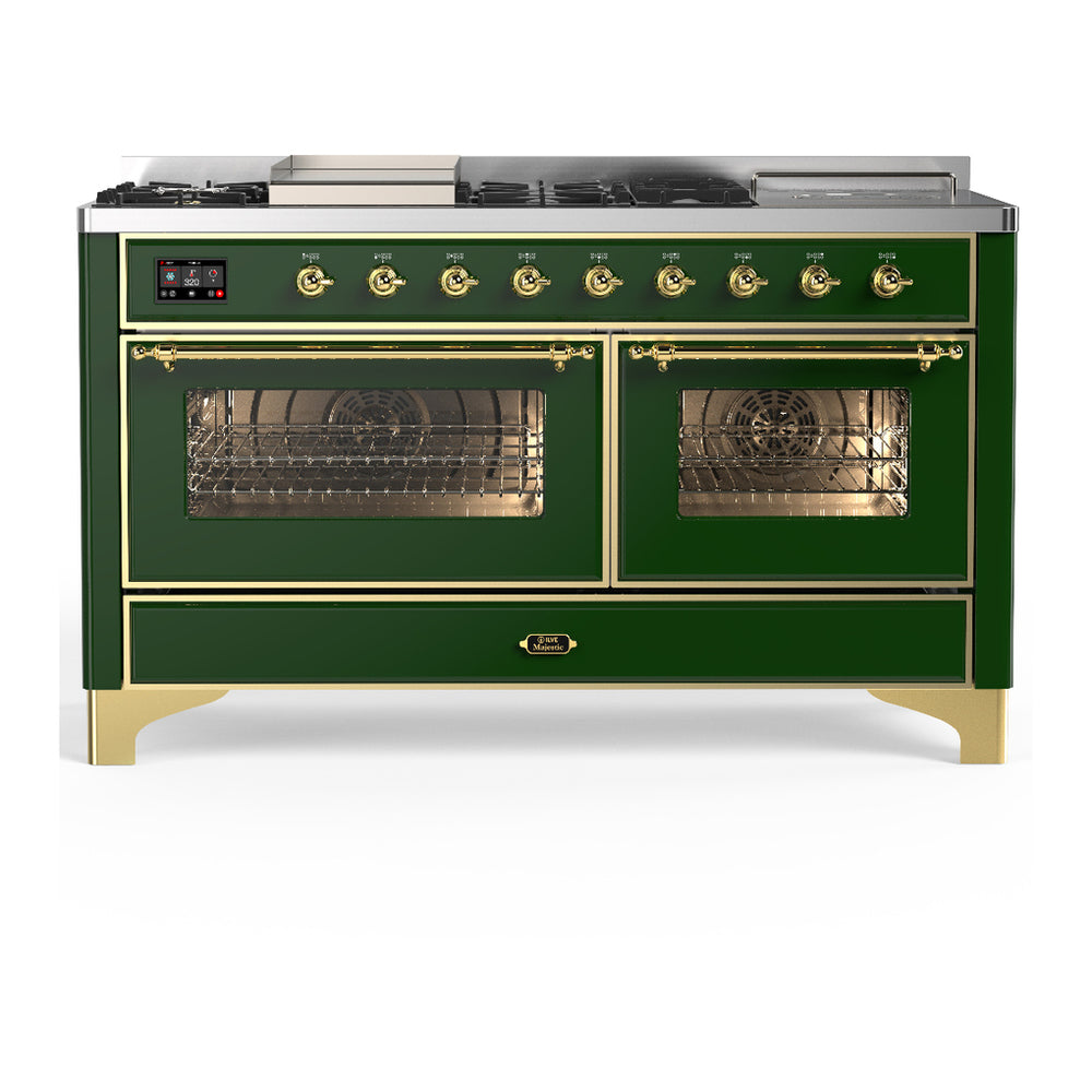 ILVE Majestic III 60" Emerald Green Dual Fuel Range with 7 Burners, Griddle and French Top Triple Glass Door Natural Gas