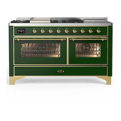 ILVE Majestic III 60" Emerald Green Dual Fuel Range with 7 Burners, Griddle and French Top Triple Glass Door Natural Gas