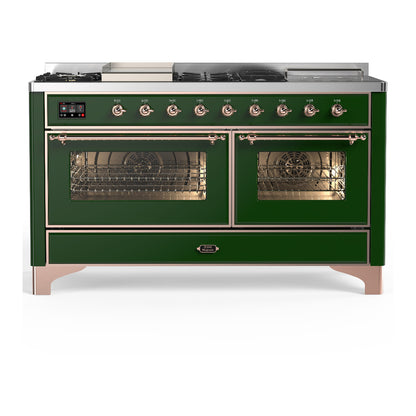 ILVE Majestic III 60" Emerald Green Dual Fuel Range with 7 Burners, Griddle and French Top Triple Glass Door Natural Gas