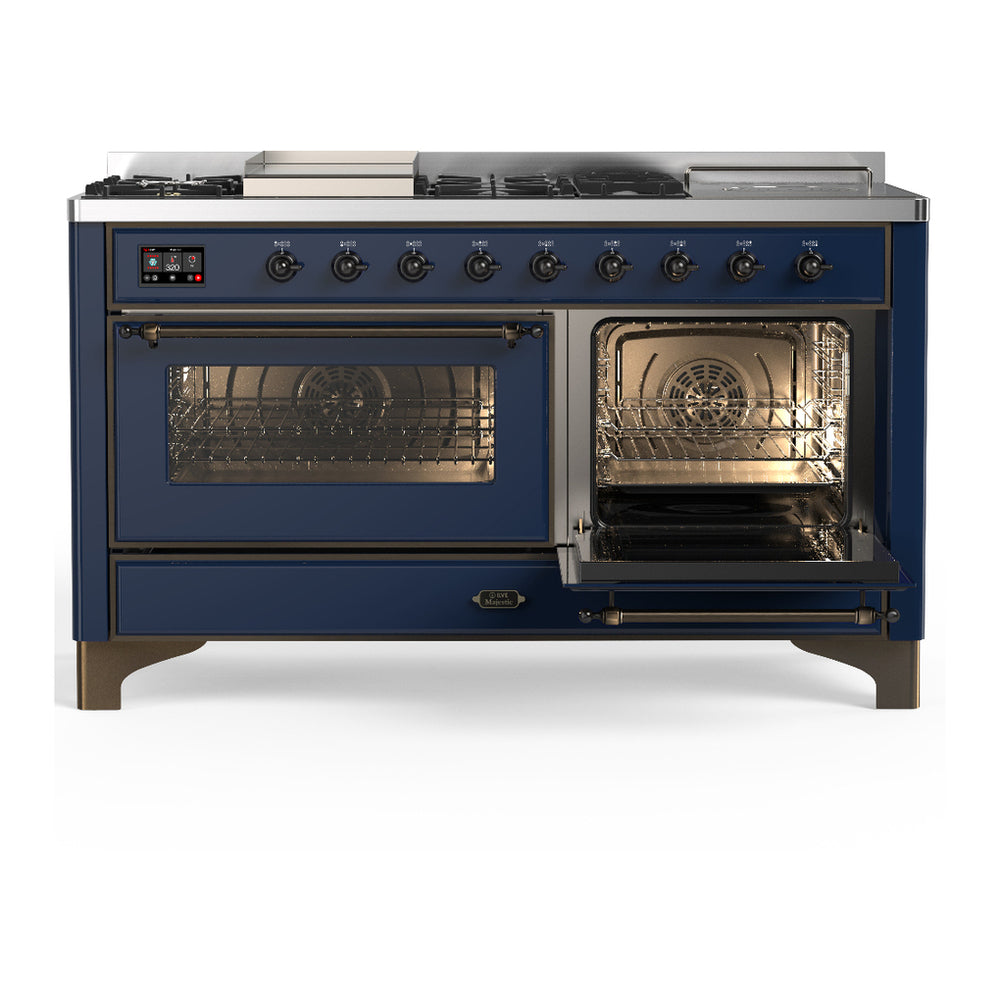 ILVE Majestic III 60" Midnight Blue Dual Fuel Range with 7 Burners, Griddle and French Top Triple Glass Door Natural Gas