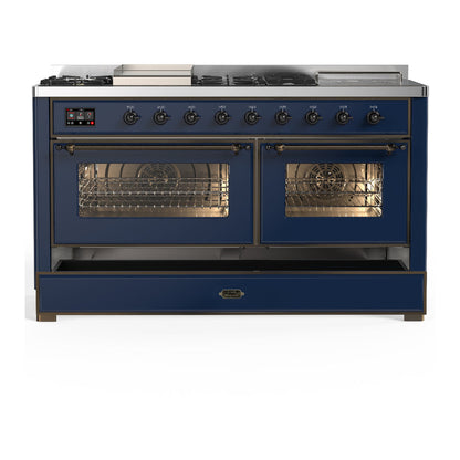 ILVE Majestic III 60" Midnight Blue Dual Fuel Range with 7 Burners, Griddle and French Top Triple Glass Door Liquid Propane