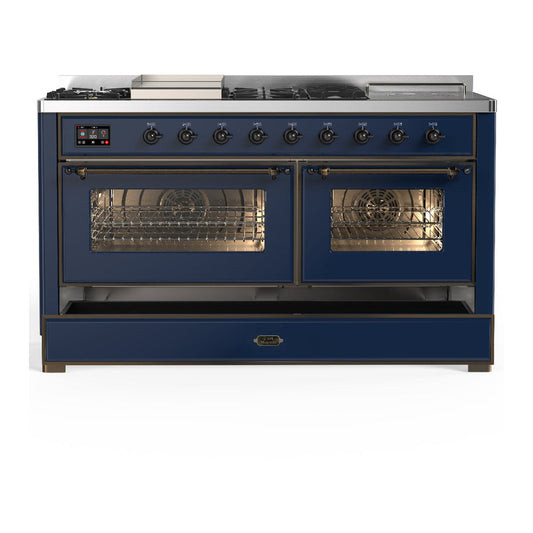 ILVE Majestic III 60" Midnight Blue Dual Fuel Range with 7 Burners, Griddle and French Top Triple Glass Door Liquid Propane