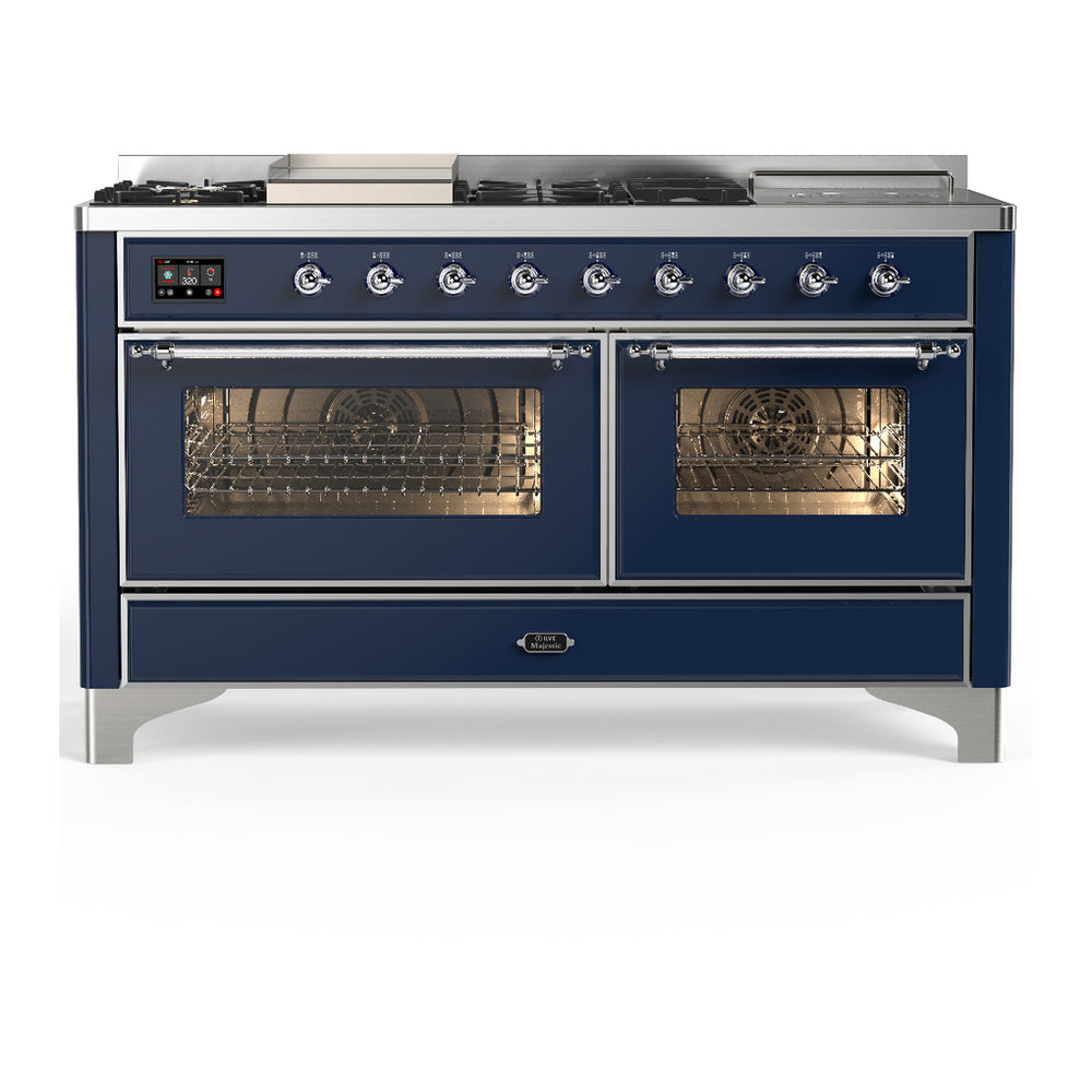 ILVE Majestic III 60" Midnight Blue Dual Fuel Range with 7 Burners, Griddle and French Top Triple Glass Door Natural Gas