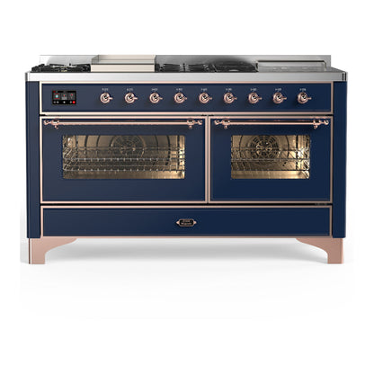 ILVE Majestic III 60" Midnight Blue Dual Fuel Range with 7 Burners, Griddle and French Top Triple Glass Door Liquid Propane