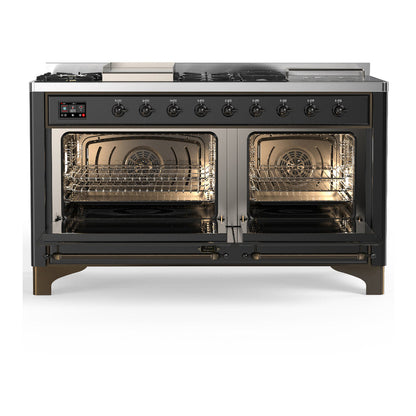 ILVE Majestic III 60" Graphite Matte Dual Fuel Range with 7 Burners, Griddle and French Top Triple Glass Door Liquid Propane