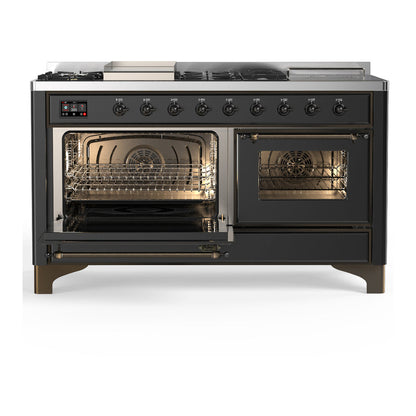ILVE Majestic III 60" Graphite Matte Dual Fuel Range with 7 Burners, Griddle and French Top Triple Glass Door Natural Gas